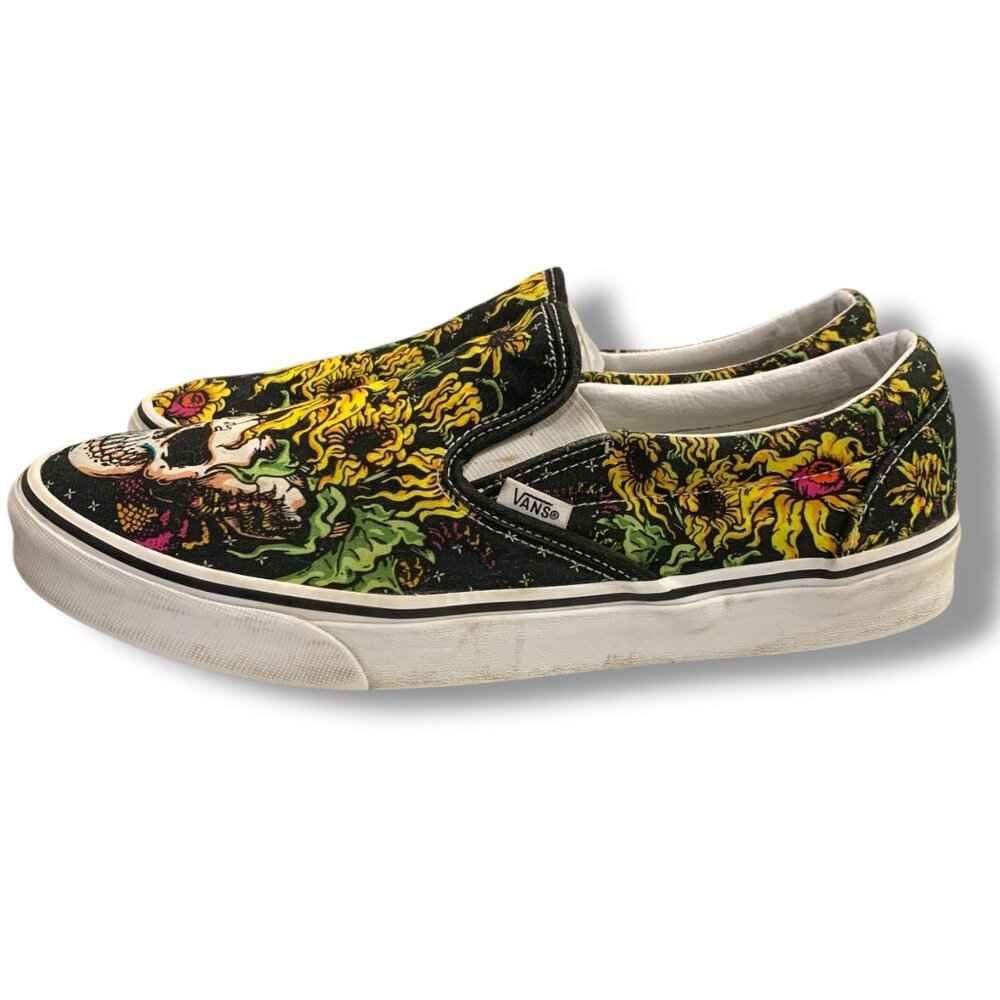 VTG Vans Mens Classic Skull Floral Tattoo Shoes Sz 11.5 Black Yellow‎ Art Skater